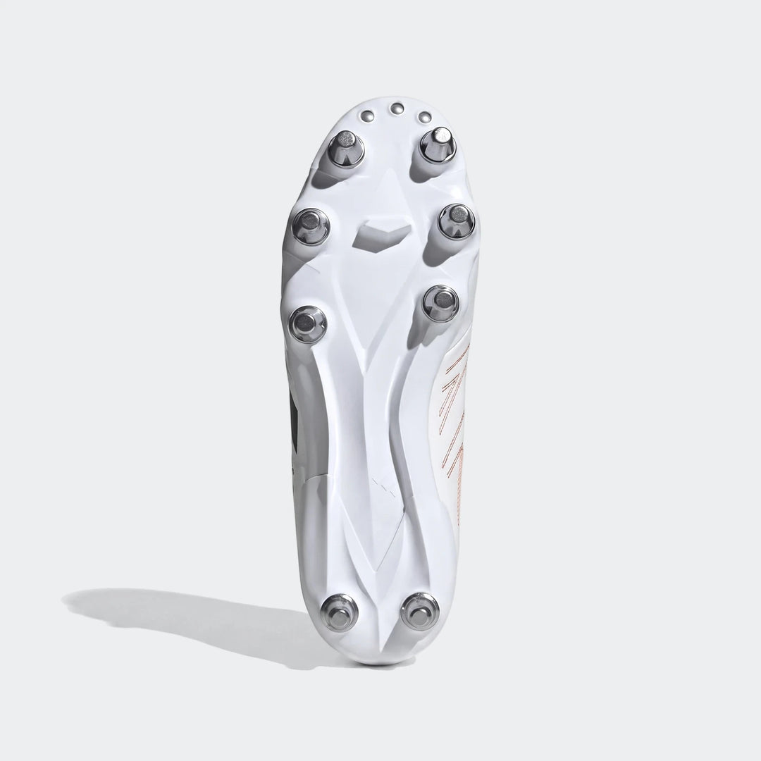 White Kakari Elite Sg Rugby Boots, showcasing the sole with metallic studs and a durable synthetic upper.