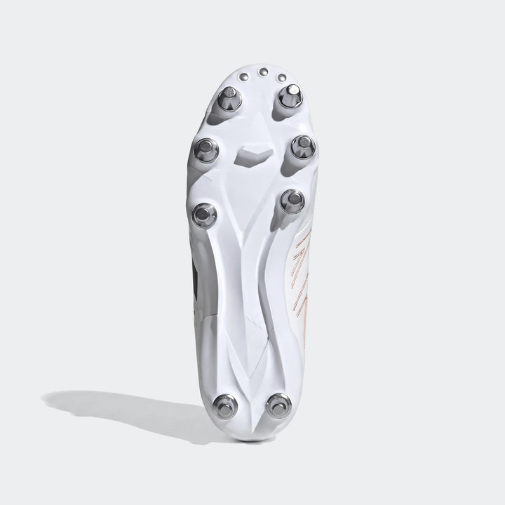White Kakari Elite Sg Rugby Boots, showcasing the sole with metallic studs and a durable synthetic upper.
