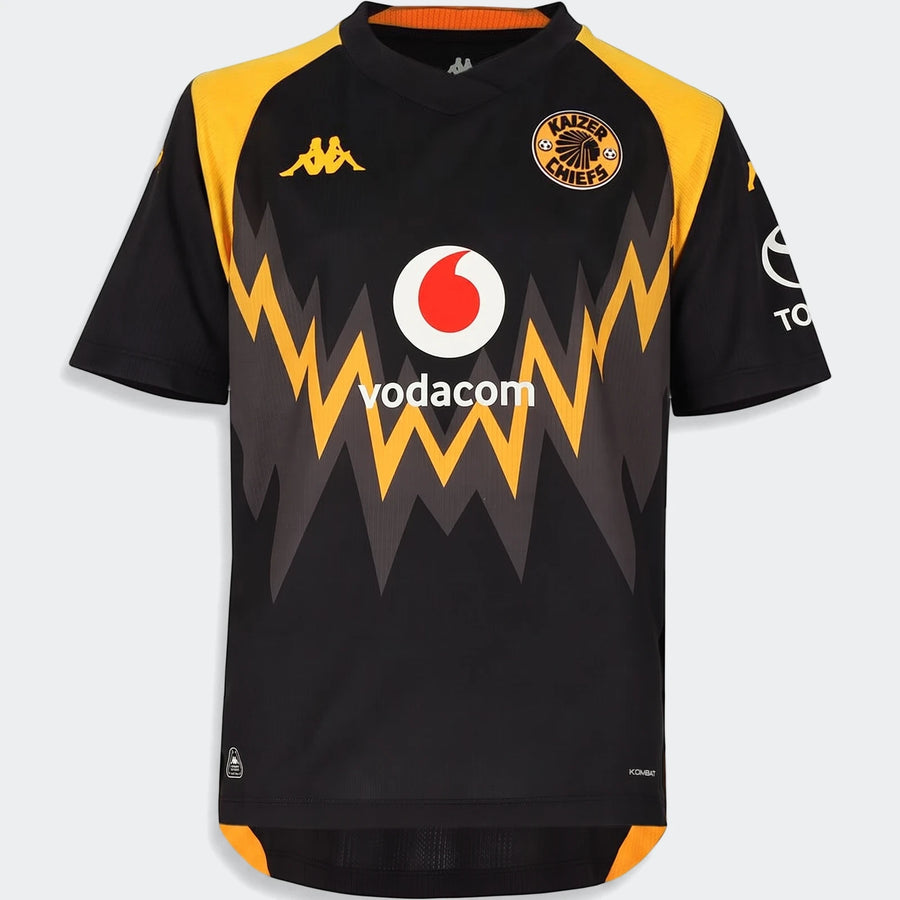 Kappa Kaizer Chiefs Kombat 2026/27 Away Jersey in black with yellow shoulders, chevron pattern, and sponsor logos.