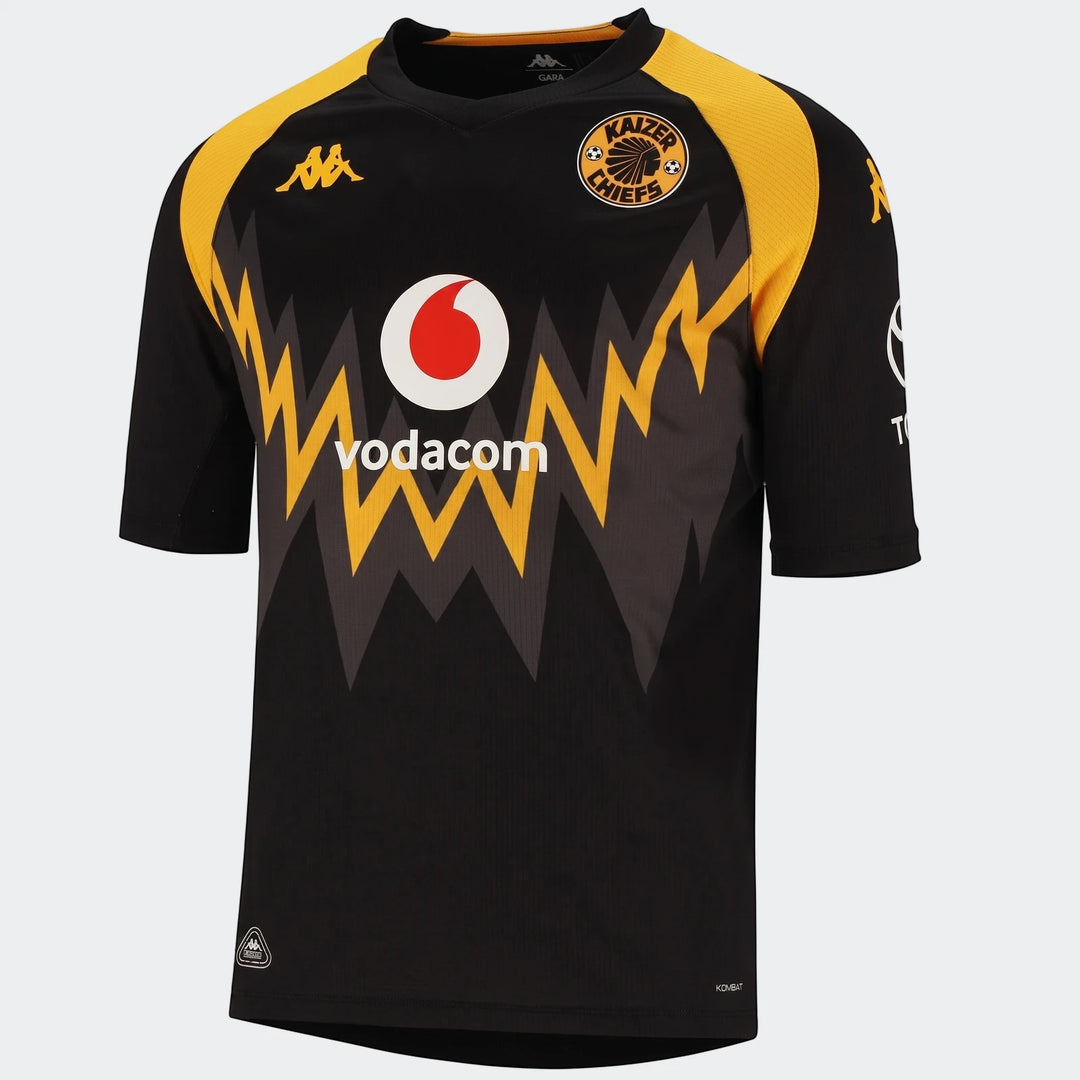 Kappa Kaizer Chiefs Kombat 2026/27 Away Jersey in black and yellow, featuring Vodacom and Toyota sponsor logos, displayed on