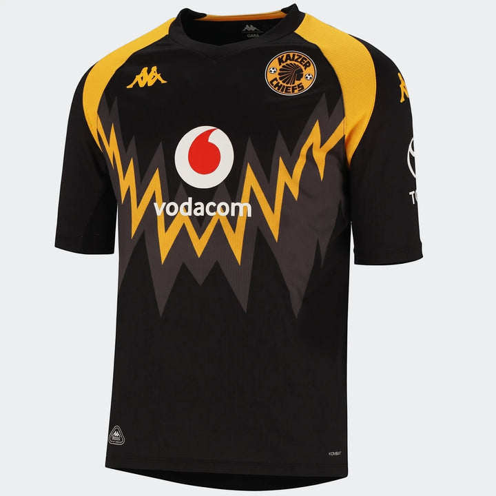 Kappa Kaizer Chiefs Kombat 2026/27 Away Jersey in black and yellow, featuring Vodacom and Toyota sponsor logos, displayed on