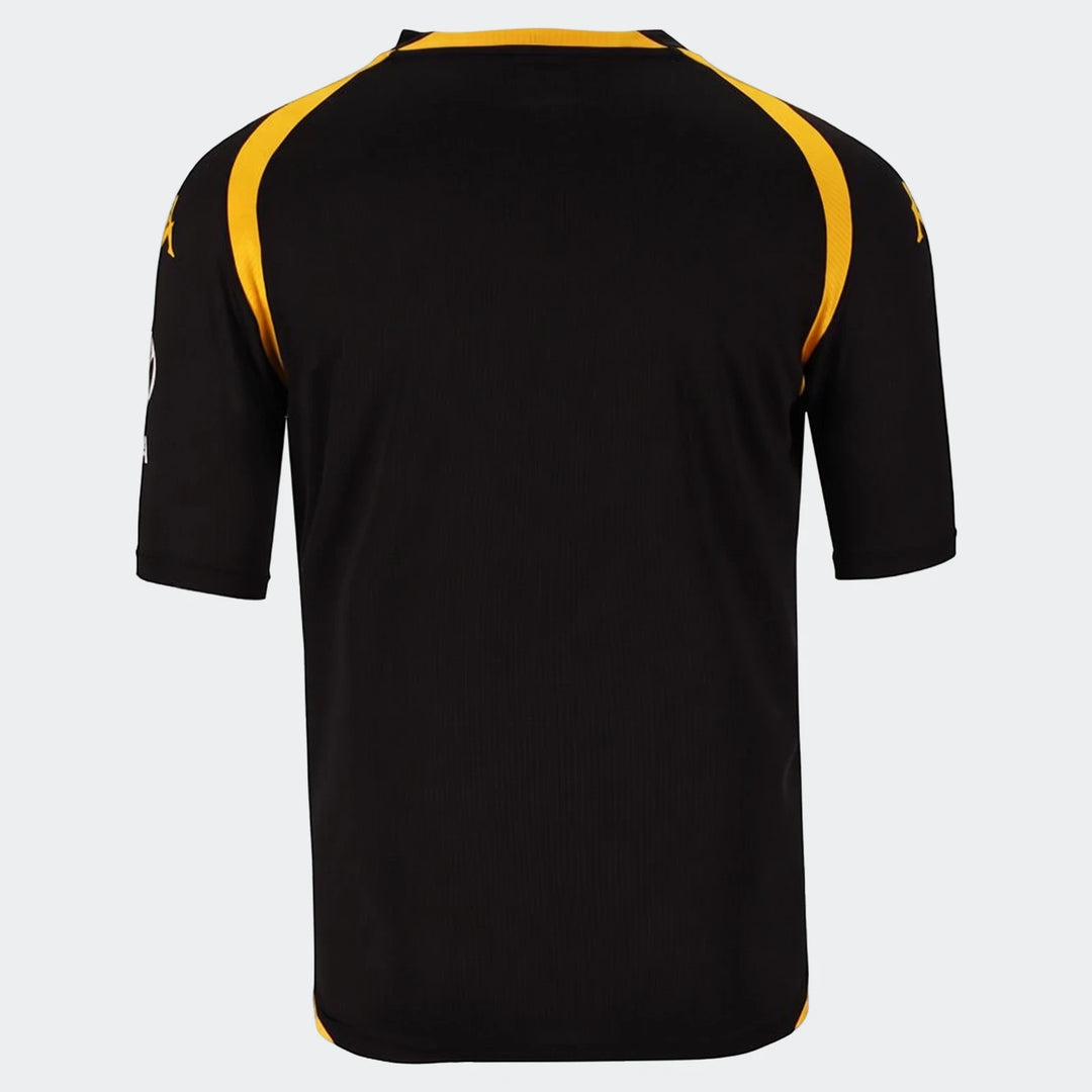 Black and gold Kappa Kaizer Chiefs Kombat 2026/27 Away Jersey, short sleeve, shown from the back view.
