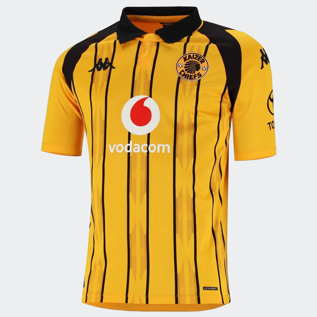 Kappa Kaizer Chiefs Kombat 2026/27 Home Jersey for men, featuring yellow and black stripes with sponsor logos.