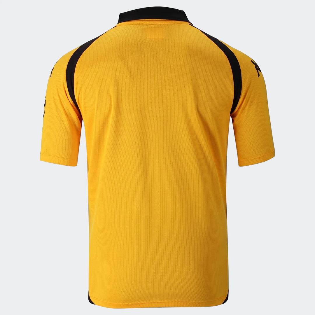 Back view of a yellow and black Kappa Kaizer Chiefs Kombat 2026/27 Home Youth Jersey with black sleeves.