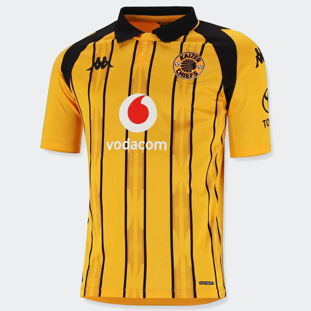 Kappa Kaizer Chiefs Kombat 2026/27 Home Youth Jersey in yellow and black vertical stripes, featuring prominent sponsor logos
