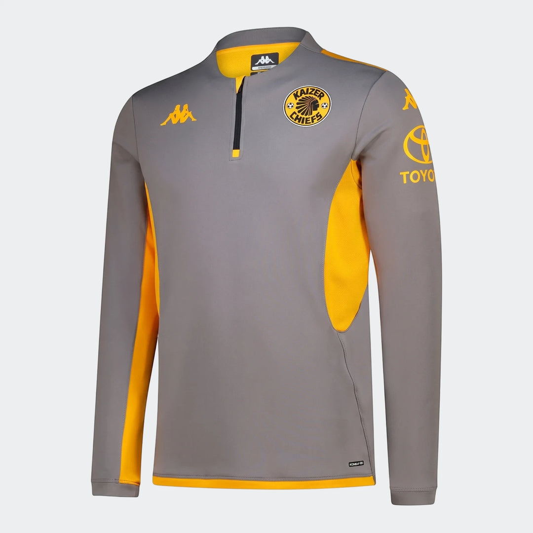 Kappa Kaizer Chiefs Muzira Pro 2 Am 26/27 mens gray and yellow quarter-zip training jersey with club and sponsor logos.