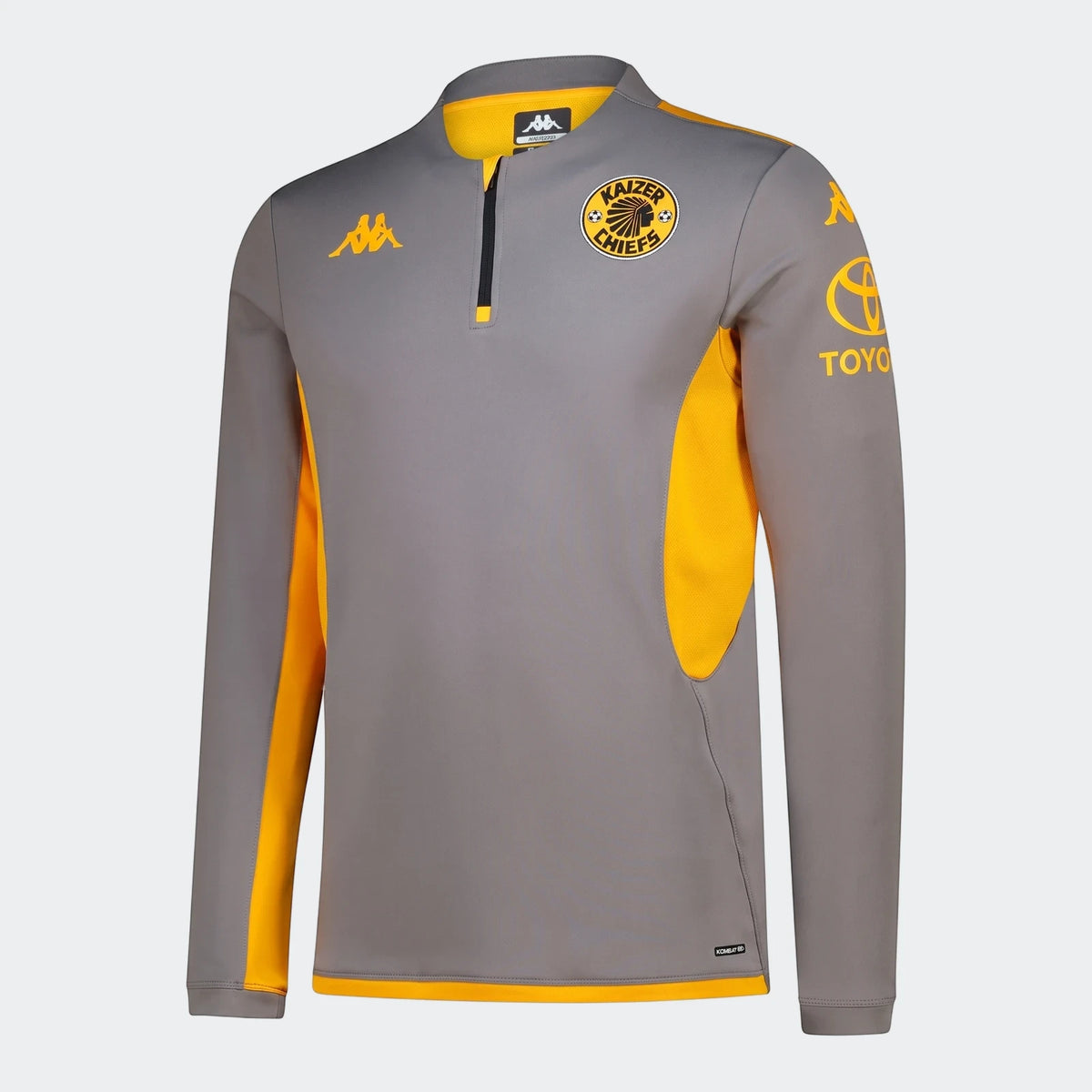 Kappa Kaizer Chiefs Muzira Pro 2 Am 26/27 mens gray and yellow quarter-zip training jersey with club and sponsor logos.