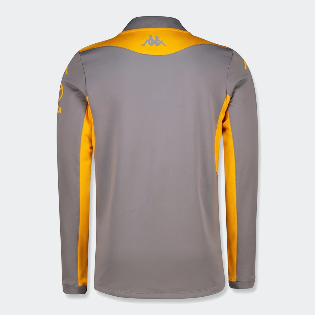 Kappa Kaizer Chiefs Muzira Pro 2 Am 26/27 men's long-sleeved athletic top, grey and yellow, back view.