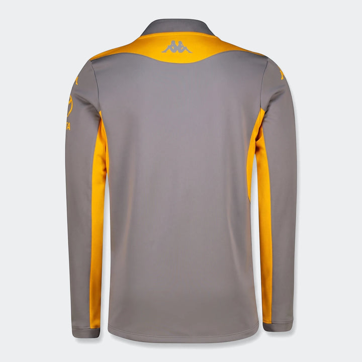Kappa Kaizer Chiefs Muzira Pro 2 Am 26/27 men's long-sleeved athletic top, grey and yellow, back view.