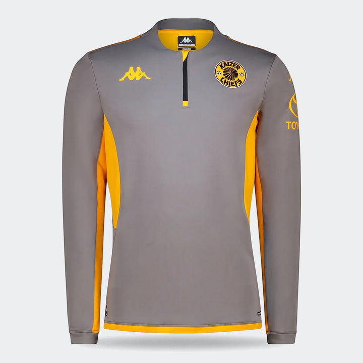 Kappa Kaizer Chiefs Muzira Pro 2 Am 26/27 men's grey and yellow long-sleeve quarter-zip training top, front view.