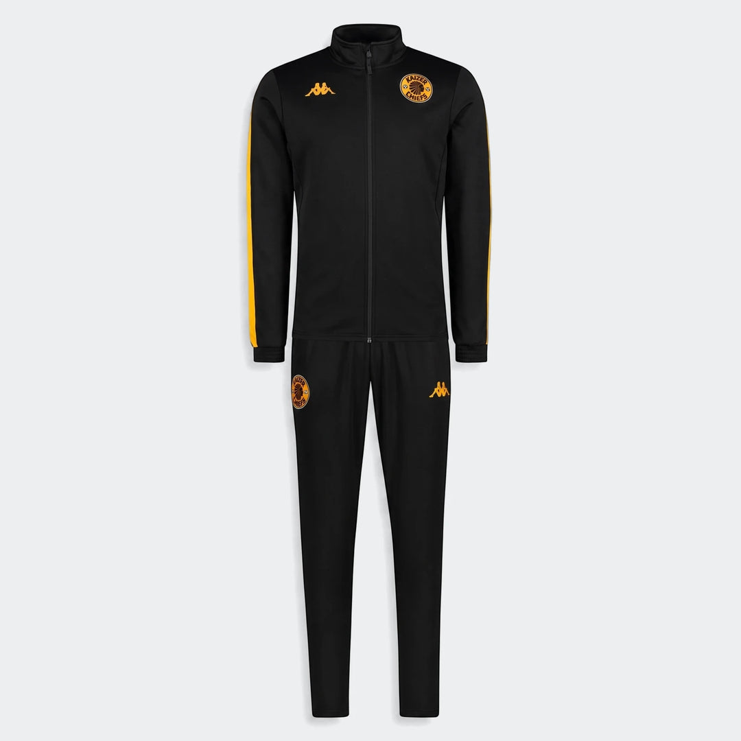Black and yellow Kappa Kaizer Chiefs Salcito 2 Am tracksuit set for men, featuring a full-zip jacket and matching pants.