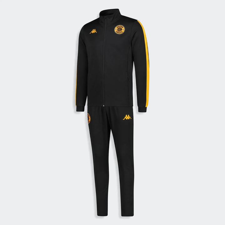 Kappa Kaizer Chiefs Salcito 2 Am black and yellow tracksuit, featuring a full-zip jacket and athletic pants, displayed in a