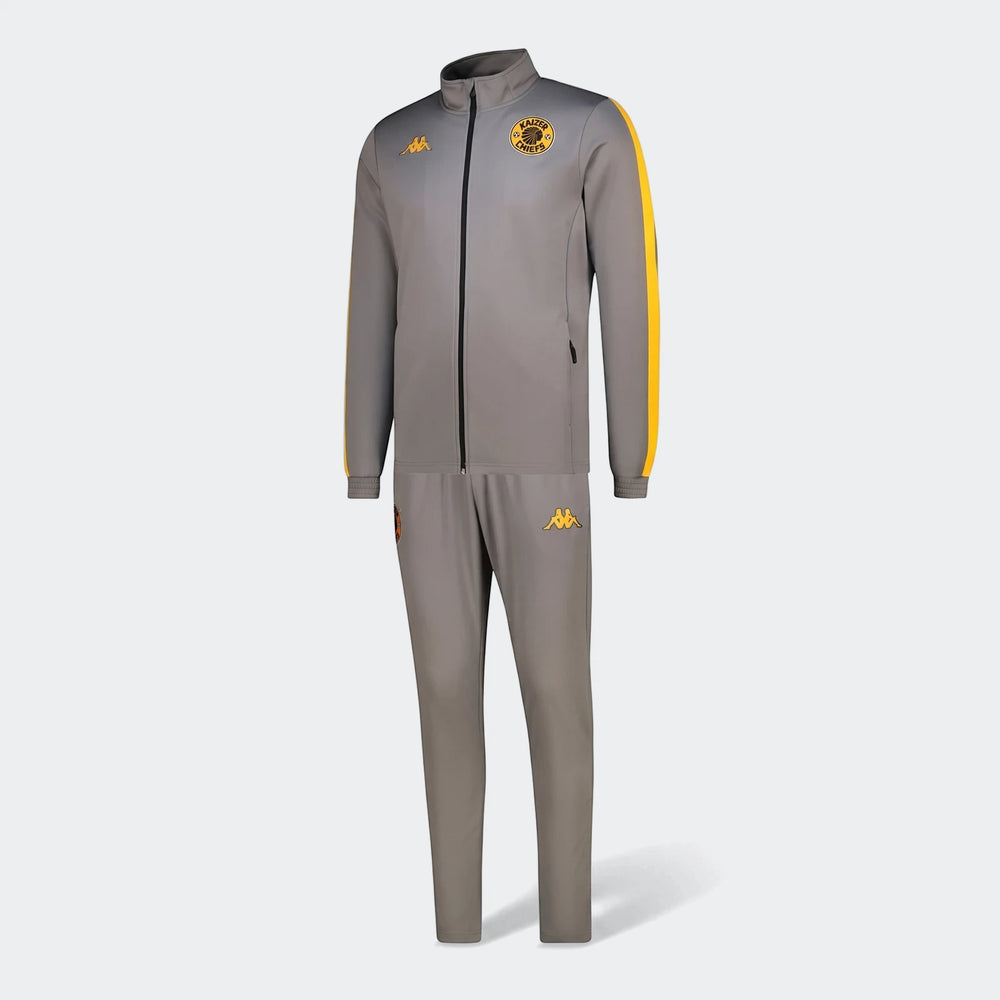 Grey and yellow Kappa Kaizer Chiefs Salcito 2 Am tracksuit, featuring a full-zip jacket with yellow stripes and matching