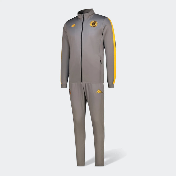 Grey and yellow Kappa Kaizer Chiefs Salcito 2 Am tracksuit, featuring a full-zip jacket with yellow stripes and matching