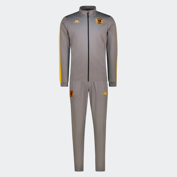Kappa Kaizer Chiefs Salcito 2 Am tracksuit in grey and yellow, featuring a full-zip jacket and matching pants laid flat.