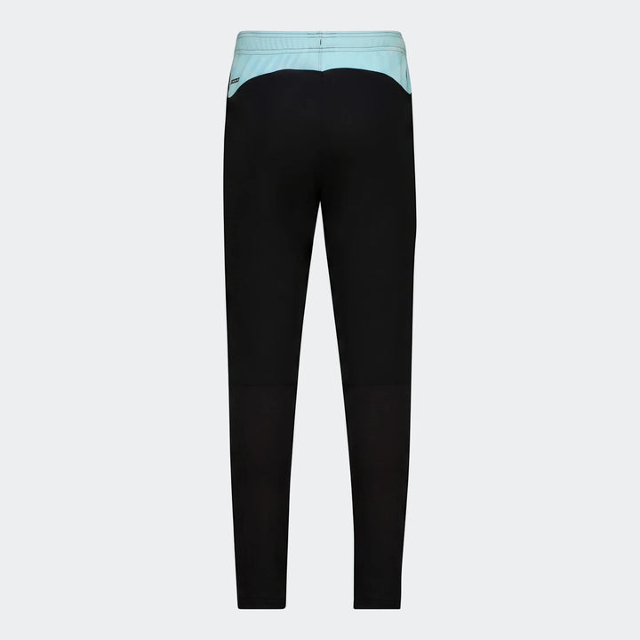 Kappa Kaizer Training Pant in black with an azure retreat (light blue) upper back panel, full length, shown from the back.