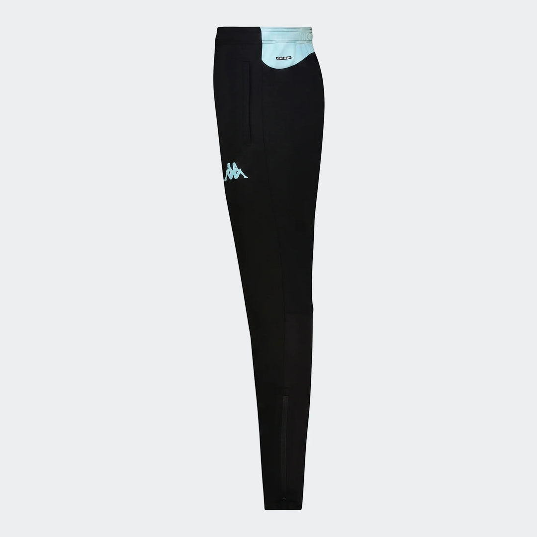 Black Kappa Kaizer training pants with azure retreat accents, featuring a side view and the Kappa logo.