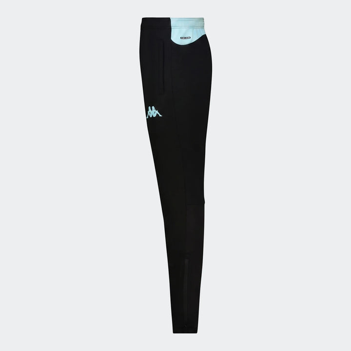 Black Kappa Kaizer training pants with azure retreat accents, featuring a side view and the Kappa logo.