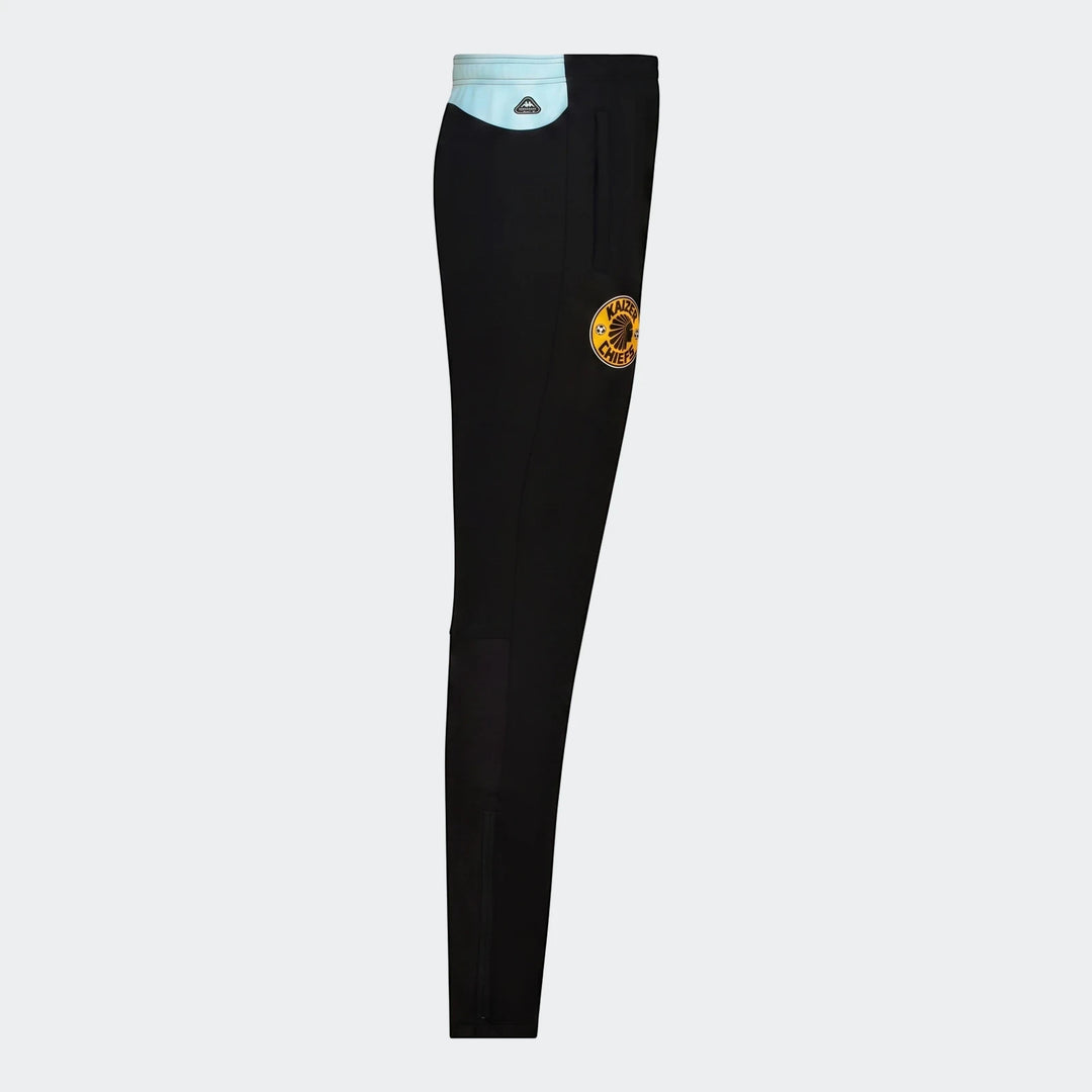 Black Kappa Kaizer training pants with azure retreat accents and the Kaizer Chiefs logo, shown from a side view.
