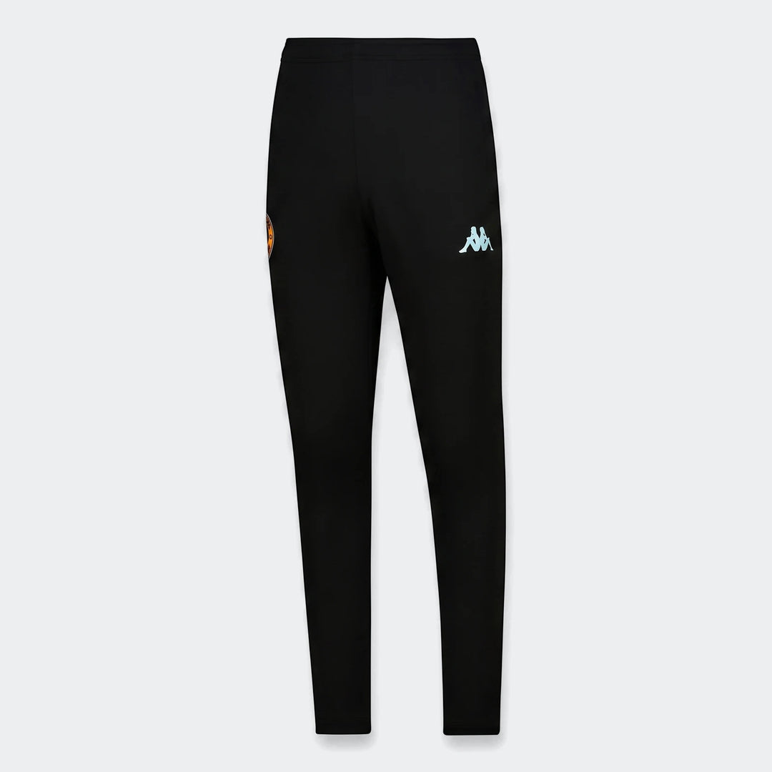 Black Kappa Kaizer training pants with an azure retreat logo and an orange patch, shown vertically on a white background.