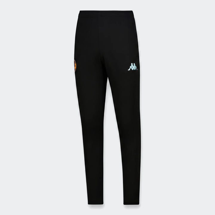 Black Kappa Kaizer training pants with an azure retreat logo and an orange patch, shown vertically on a white background.