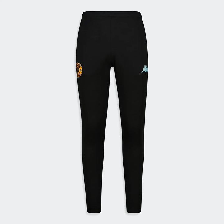 Black Kappa Kaizer Training Pant, featuring the Kaizer Chiefs and light blue Kappa logos, displayed in a flat-lay studio