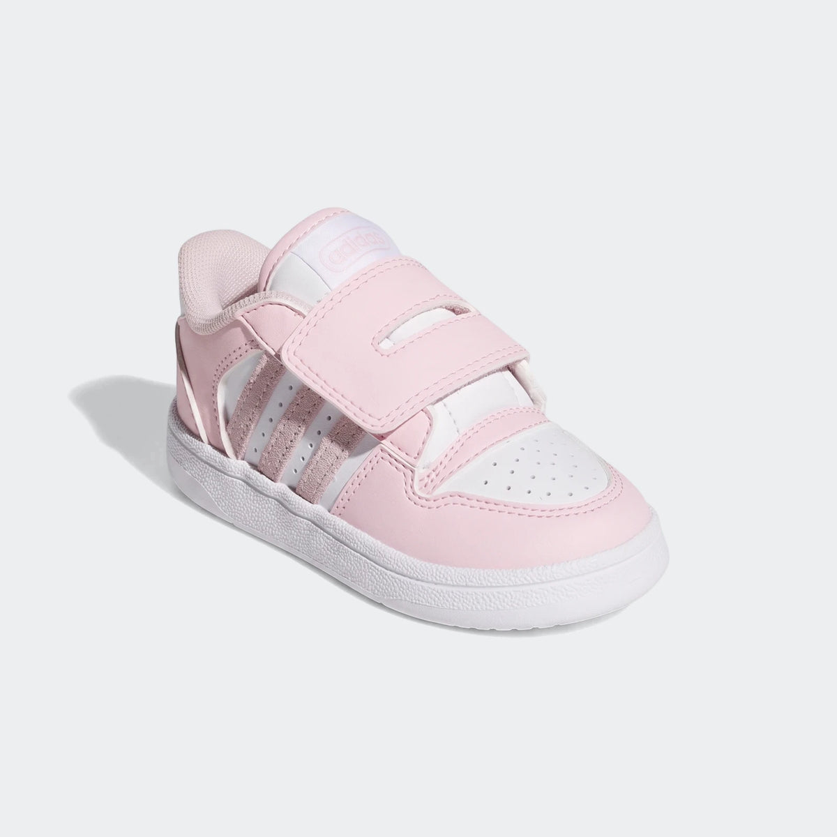 Kids' Adidas Break Start shoes in pink and white, featuring hook-and-loop straps and a durable rubber sole, shown from a