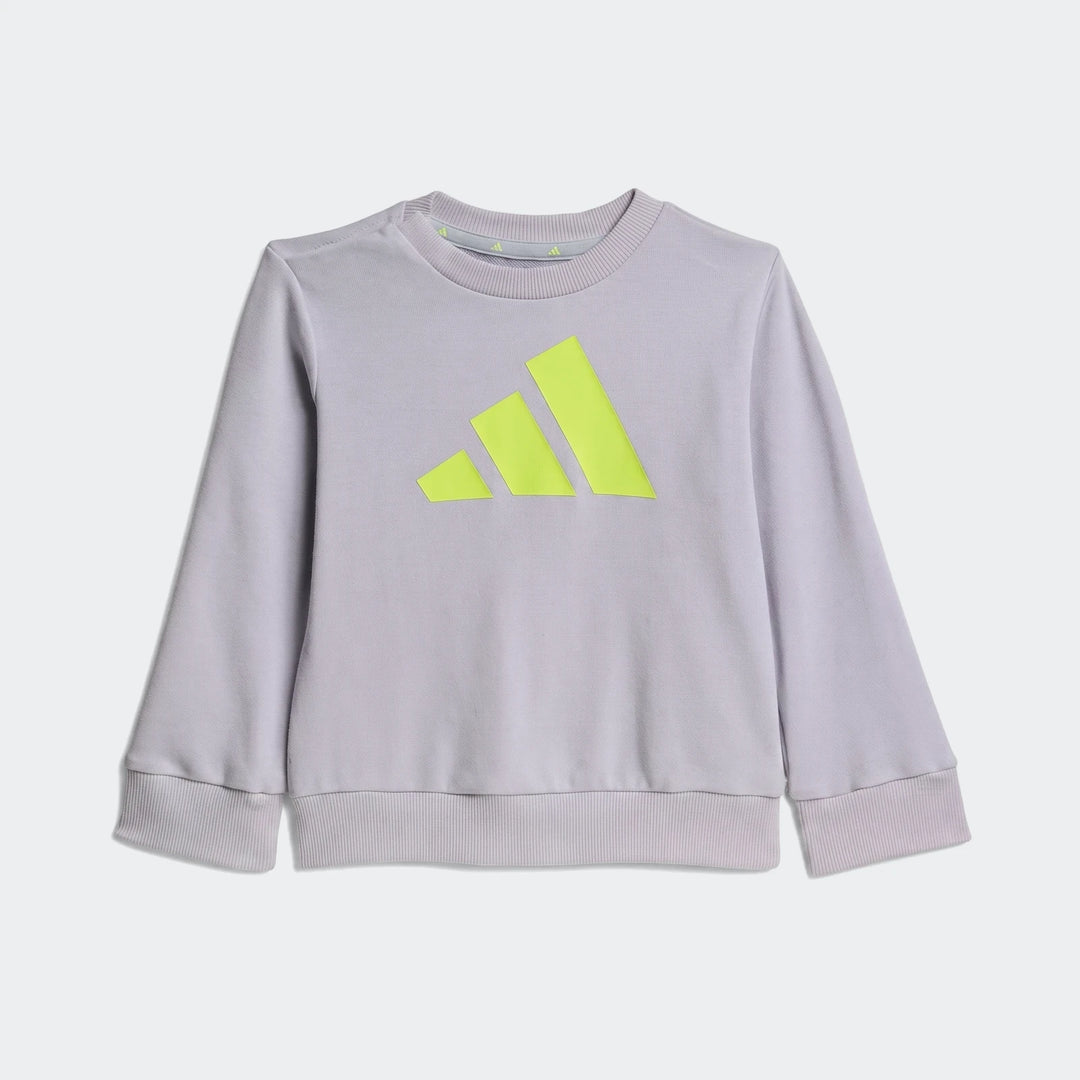 Kids' Adidas Essentials light grey sweatshirt with a bright neon green three-stripe logo on the chest, front view.