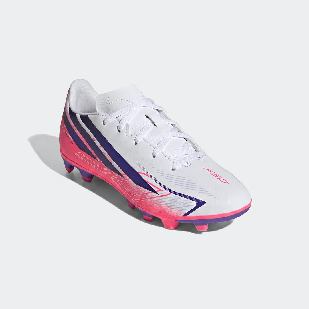 Kids Adidas F50 Hyperfast Club Firm Ground / Multi Ground Football Boots in white, pink, and purple, shown from an angled