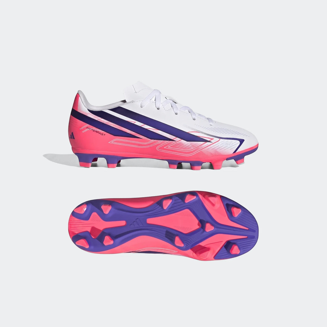 Kids' Adidas F50 Hyperfast Club Firm Ground/Multi Ground football boots in white, purple, and pink, shown from side and sole