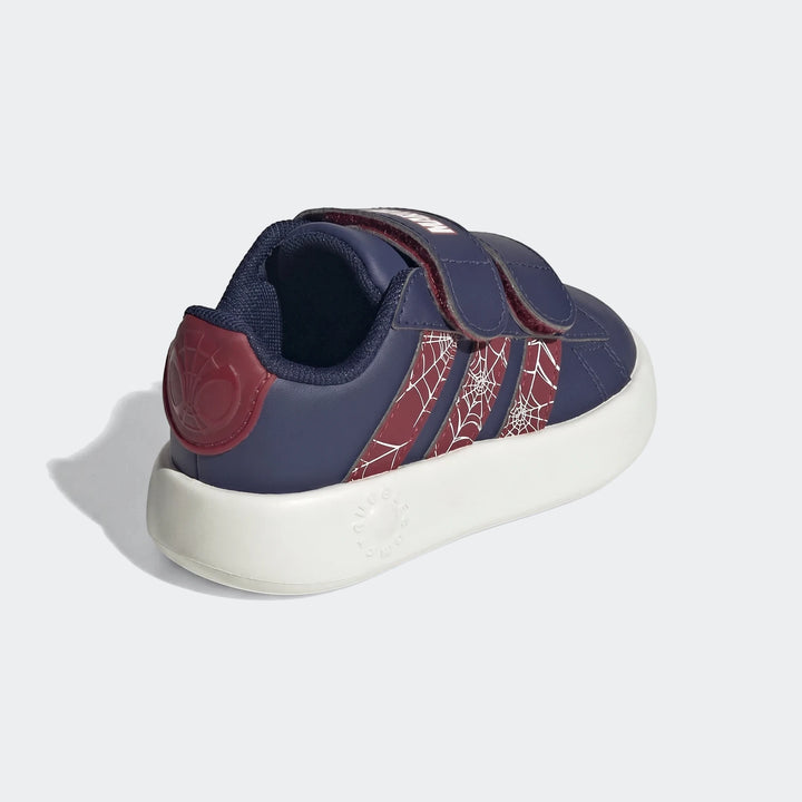 Kids' navy blue Adidas Grand Court Spider-Man Cloudfoam shoes with red accents, white spiderweb graphics, hook-and-loop