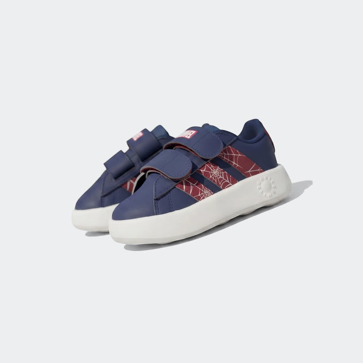 Kids' navy blue and red Adidas Grand Court Spider-Man Cloudfoam shoes with white soles and spiderweb side details.