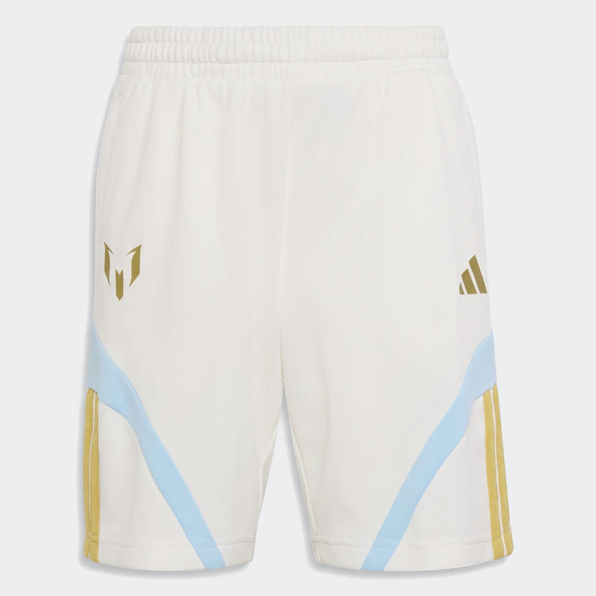 Kids' Adidas Messi House of Tiro shorts in off-white with gold branding and light blue diagonal stripes, front view.