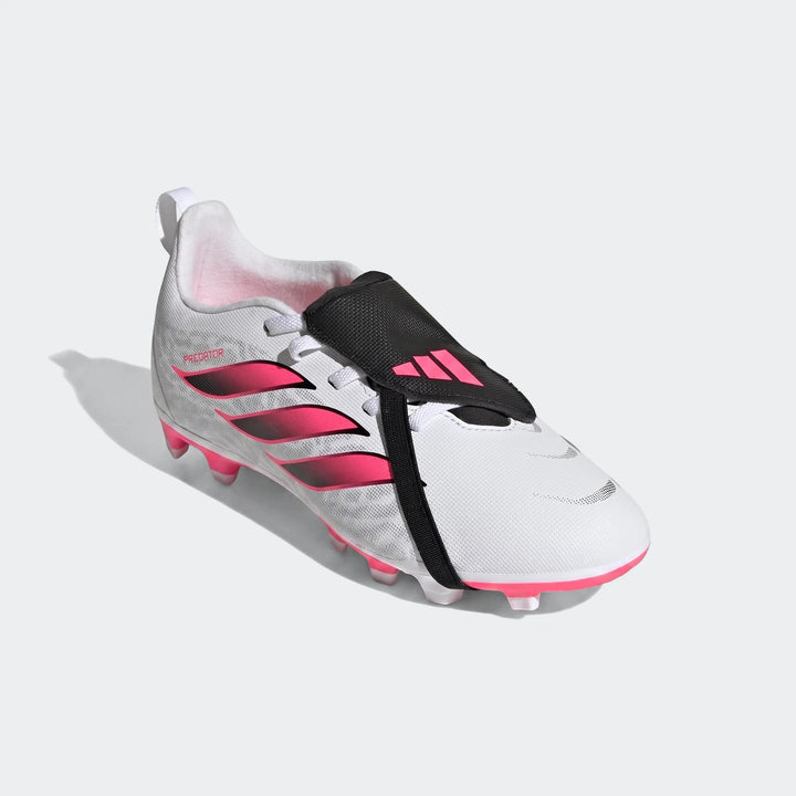 Kids' Adidas Predator Club firm ground multi ground football boots in white, pink, and black, featuring a fold-over tongue.