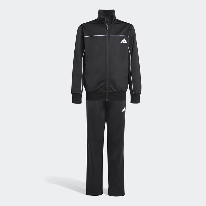 Kids black Adidas Tricot Colour Pop track suit with white piping details and logos, front view.