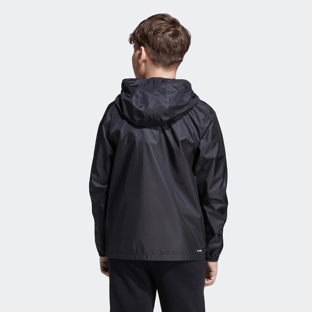 Kids black hooded rain jacket, seen from the back, offering a full view of the design and durable fabric.