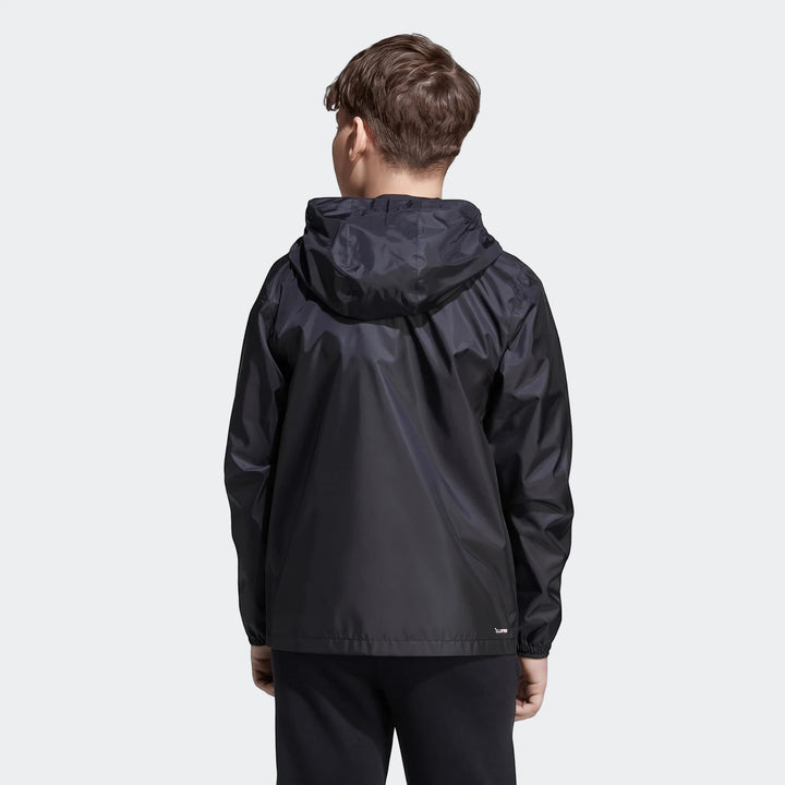 Kids black hooded rain jacket, seen from the back, offering a full view of the design and durable fabric.