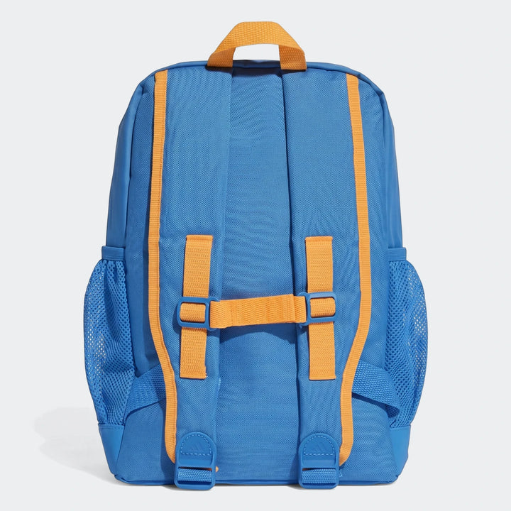 Kids blue backpack, rear view, featuring orange adjustable shoulder straps, a top carry handle, and mesh side pockets.