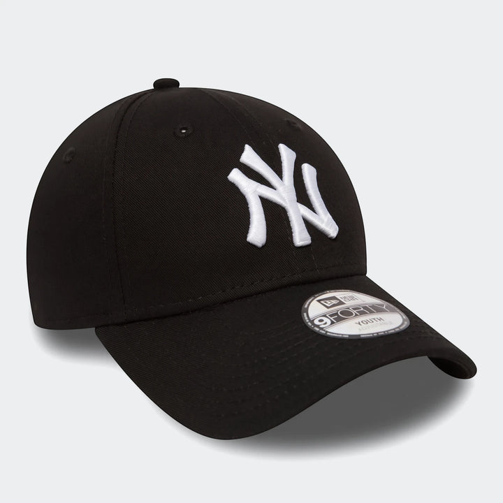 Kids black New York Yankees baseball cap with an embroidered white NY logo and an adjustable fit, viewed from an angle.