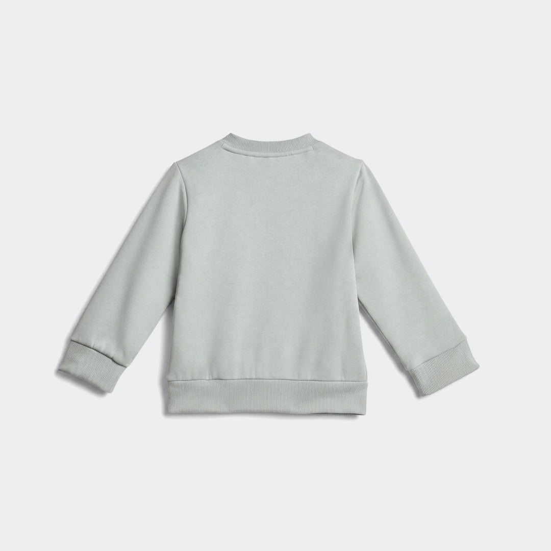 Kids' essential light grey-green long-sleeve sweatshirt, shown from the back, with ribbed collar, cuffs, and hem.