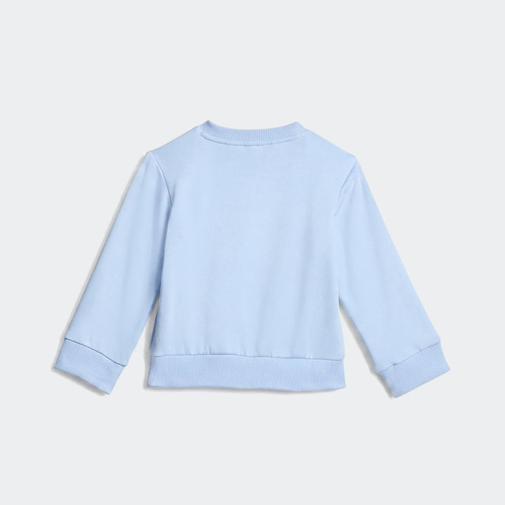 Essentials Joggers Kids light blue long-sleeve crewneck sweatshirt, back view, with ribbed cuffs and hem. Soft fabric.