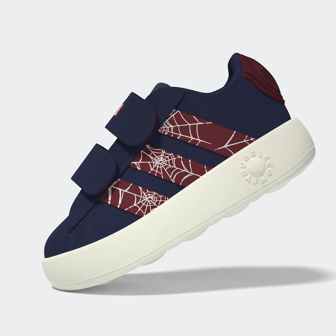 Kids' Adidas Grand Court Spider-Man Cloudfoam shoes in navy blue with maroon spiderweb stripes and white velcro straps, side