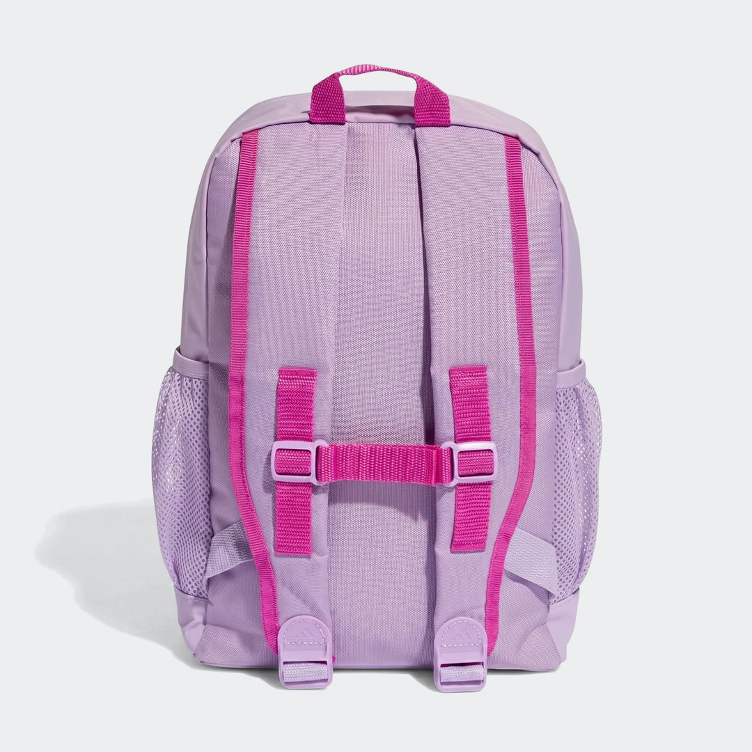 Lavender purple kids backpack with bright pink straps and mesh side pockets, shown from the back view.
