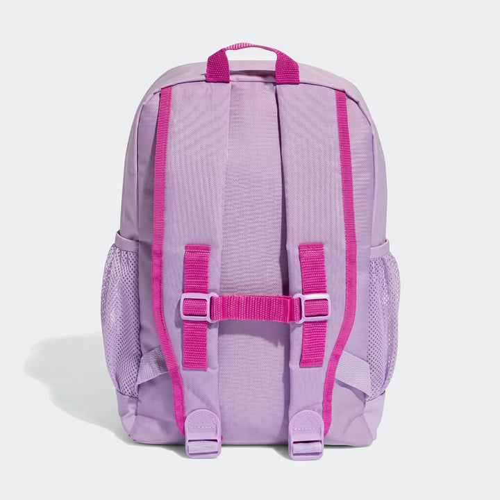 Lavender purple kids backpack with bright pink straps and mesh side pockets, shown from the back view.