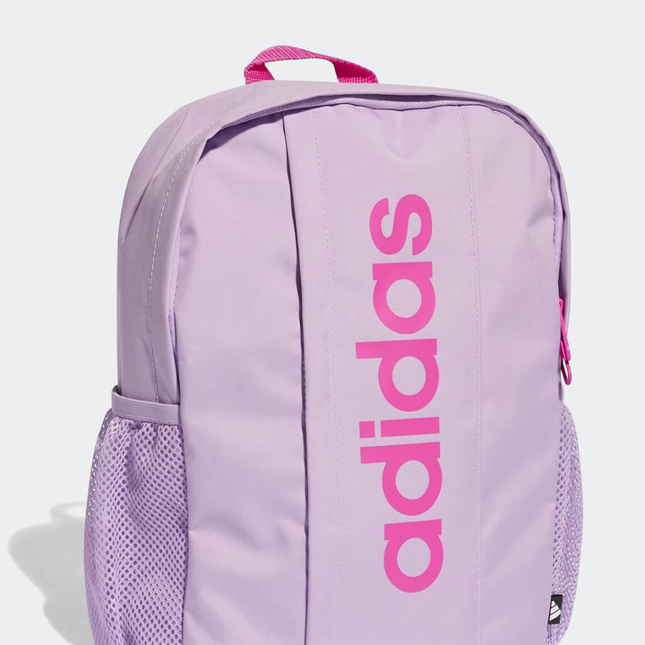 Light purple Kids Lin Bk Pk Backpack with a prominent hot pink Adidas logo, featuring a top handle and a mesh side pocket,