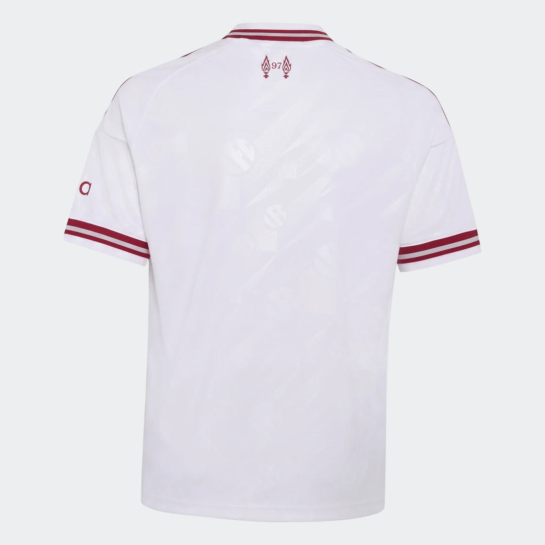 Kids Liverpool FC 26/27 away jersey in white, featuring maroon accents, striped cuffs, and '97' graphic on the back.