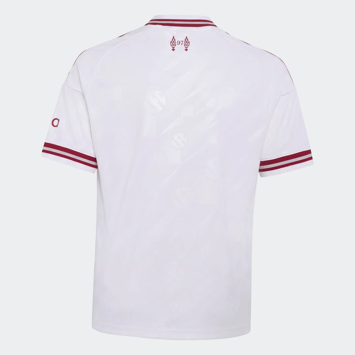 Kids Liverpool FC 26/27 away jersey in white, featuring maroon accents, striped cuffs, and '97' graphic on the back.
