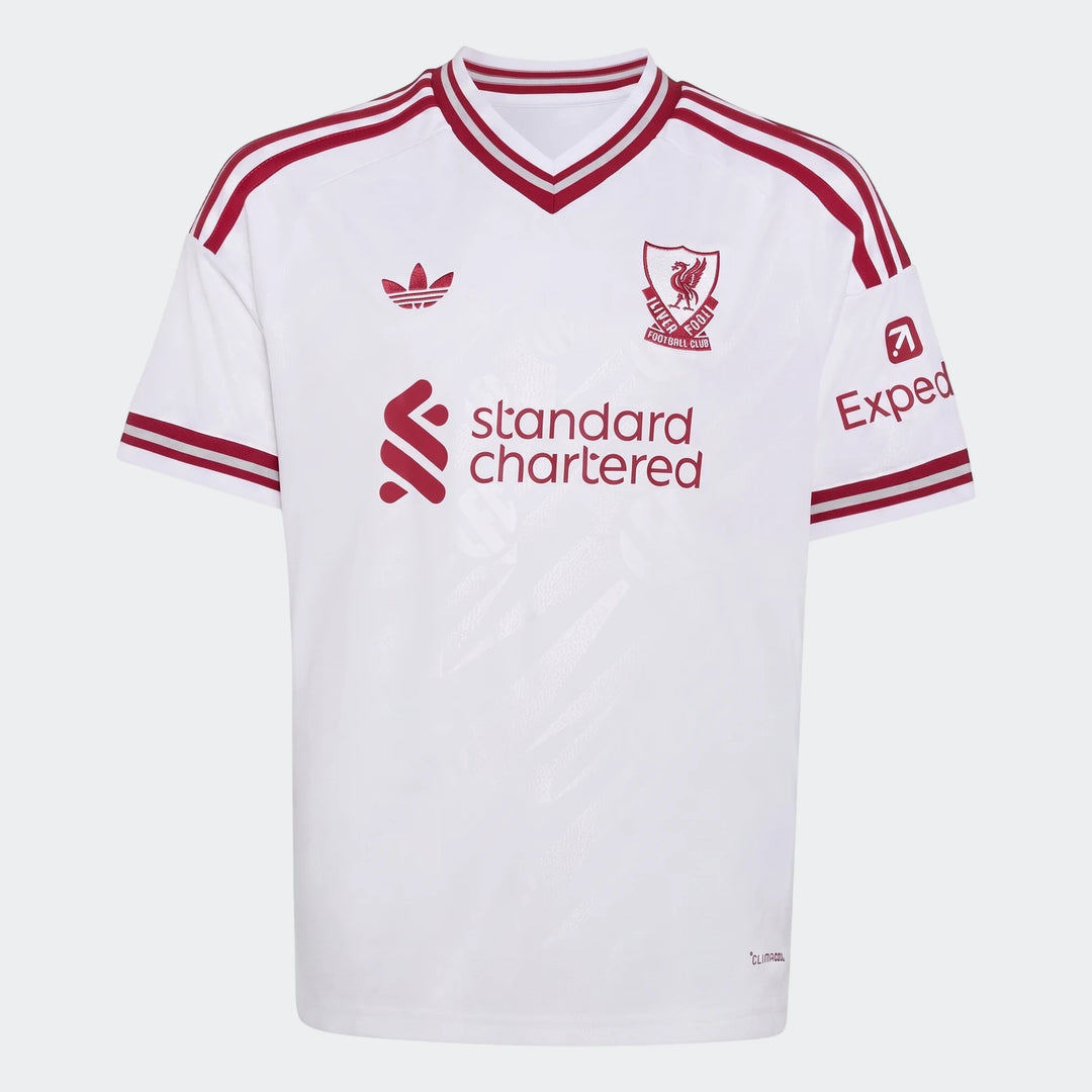Kids Liverpool FC 26/27 Away Jersey in white with red details, featuring team crest and sponsor logos, displayed flat lay.