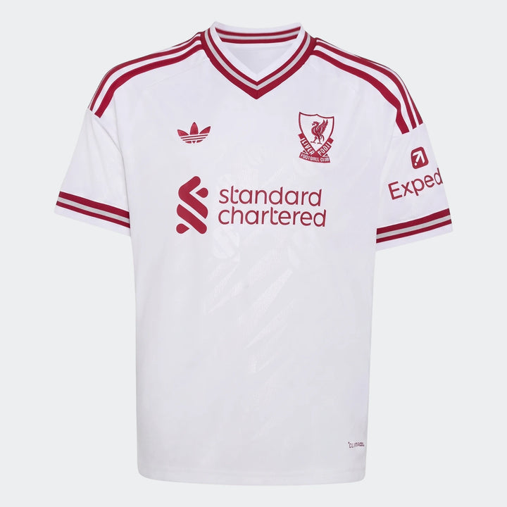 Kids Liverpool FC 26/27 Away Jersey in white with red details, featuring team crest and sponsor logos, displayed flat lay.