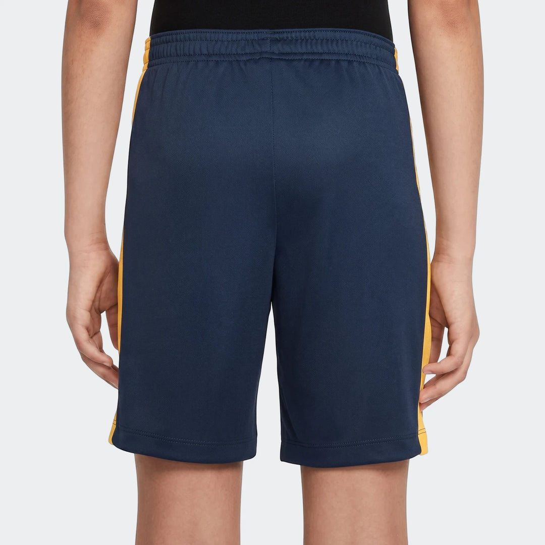 Kids' Nike Dri-FIT Academy 23 blue shorts with yellow side stripes, worn from a back view, ideal for sports activities.